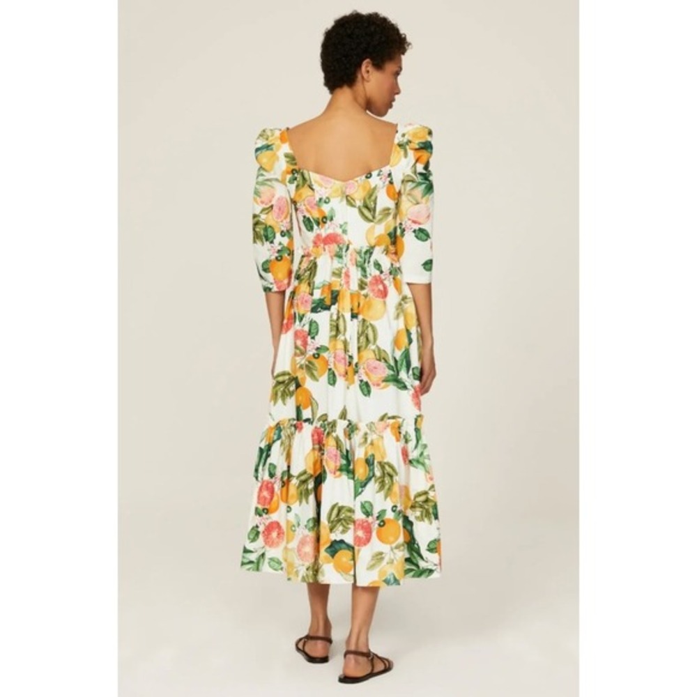 Cara Cara Citrus Print Blue Hill Midi Dress Square Neck Puff Sleeve Size‎ 12 - Picture 2 of 7